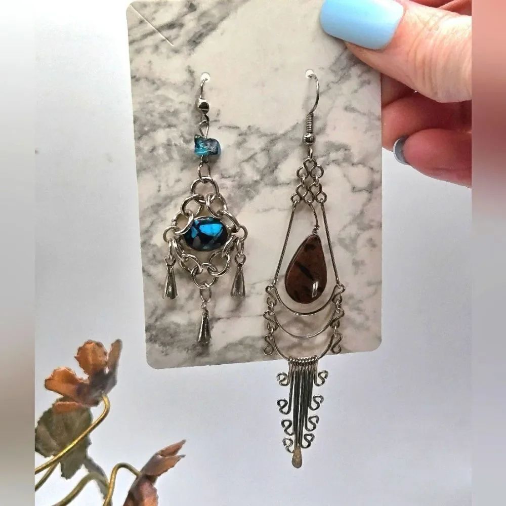 "5/$40" Mismatched Southwestern Silvertone Brown/Turquoise Dangle Earrings